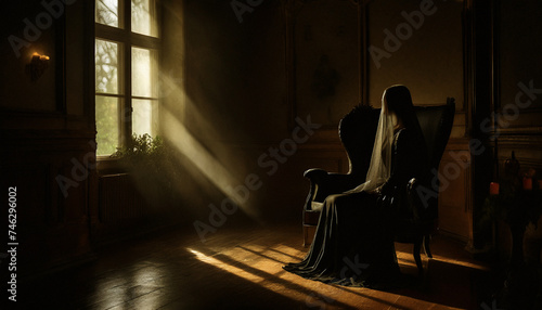 woman in black dress and veil in a dark room, horror and mystery atmosphere
