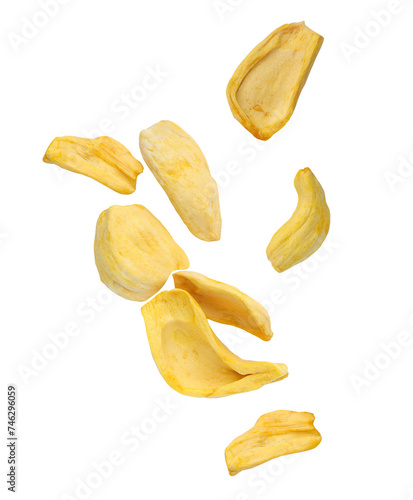 Falling dried jackfruit fruit isolated on white background. dried jackfruit fall. With clipping path.