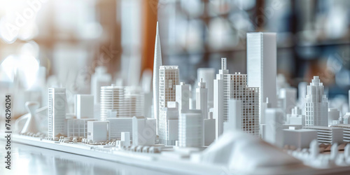  Futuristic Cityscape: Miniature Model Architectural Design Display Banner..Background color: The background primarily features a soft, blurred blend of light beige and white hues...Word: Banner