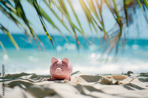 Savings on Vacation: Pink Piggy Bank Enjoying Tropical Beach Getaway