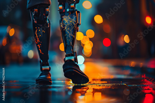 Futuristic Robotic Legs Stepping Technologically Forward Night Cityscape
