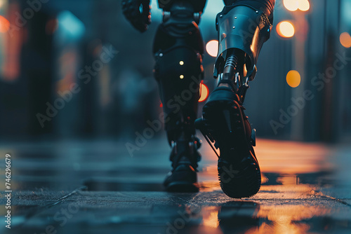 Futuristic Robotic Legs Stride Forward in Neon-Lit Evening Cityscape.