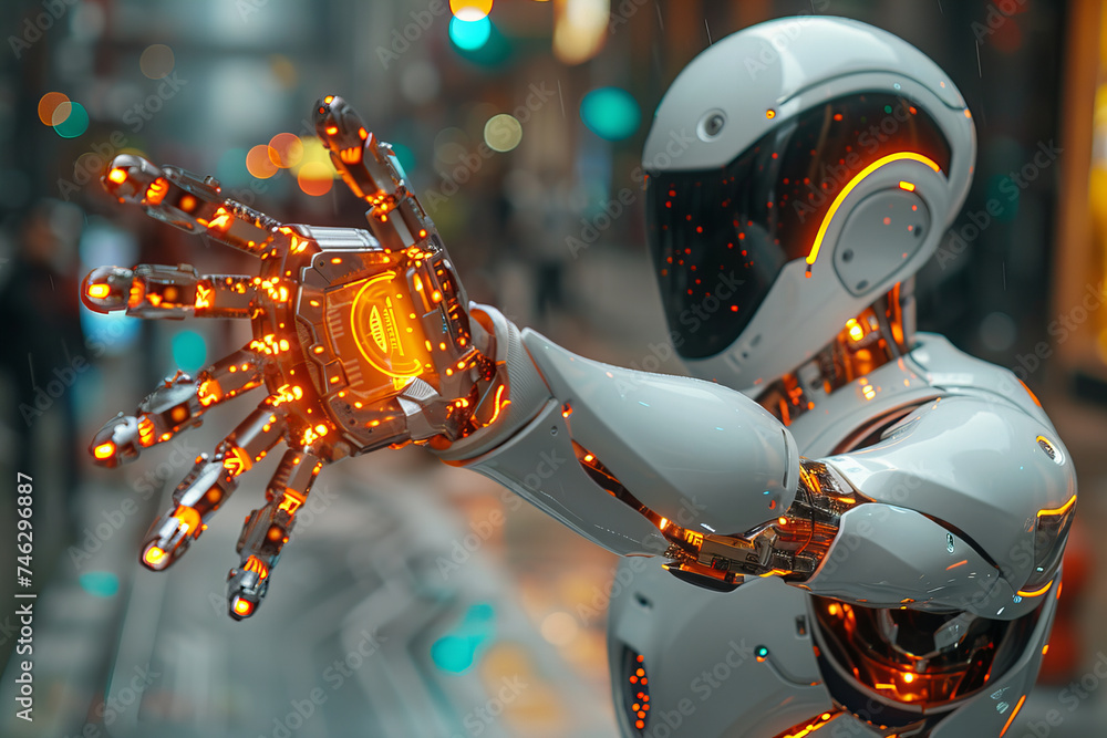 Fototapeta premium Futuristic Robot with Glowing Hand Mechanics in Urban Nightscape