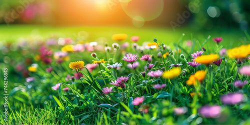 beautiful spring day panorama background,landscape Meadow with blue sky and green grass, white and pink spring daisy flowers ,banner photo