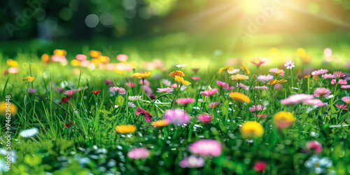 beautiful spring day panorama background,landscape Meadow with blue sky and green grass, white and pink spring daisy flowers ,banner