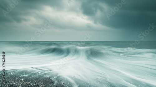 Abstract background featuring an image of ocean waves and a sky shrouded in clouds