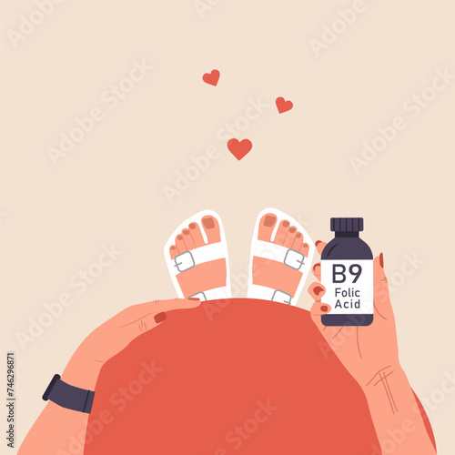 Folic acid. Female hand holding vitamin B9. Top view of pregnancy belly. Risk reducing. Woman taking vitamins for baby health. Supplements for pregnant. Vector illustration in flat cartoon style.