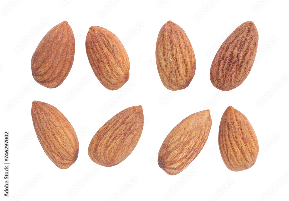 Set of multiple different dried Almonds, Almonds isolated on white background with clipping paths. Flat lay, top view Set of multiple different dried Almonds, Almonds isolated on white background with clipping paths. Flat lay, top view