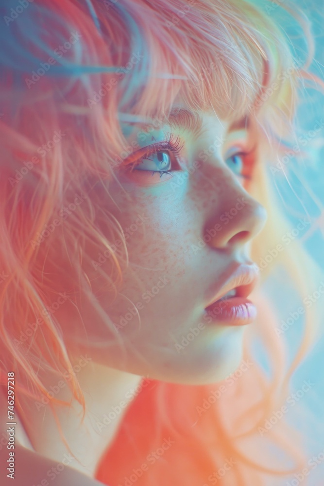 A woman with colorful hair and pink hair. Generative AI. A woman with colorful hair and pink hair. Generative AI.