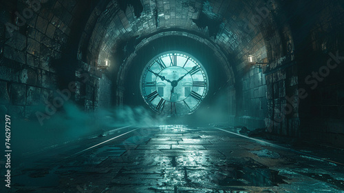 A hauntingly beautiful view of a mist-filled tunnel leading to a large  illuminated clock face  suggesting a passage of time  Mystical Tunnel with a Giant Clock Entrance