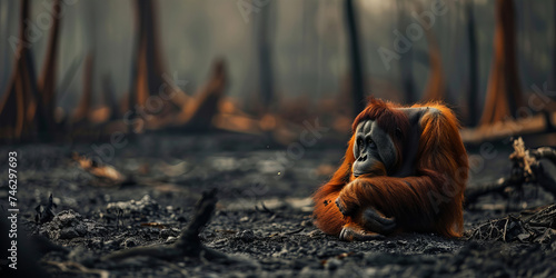 Solitude of the Orangutan Amidst the Charred Forest Remains..