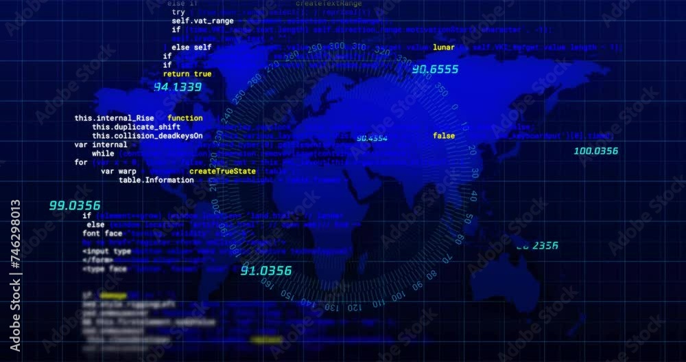 Animation of digital data processing over globe with world map on black background Animation of digital data processing over globe with world map on black background