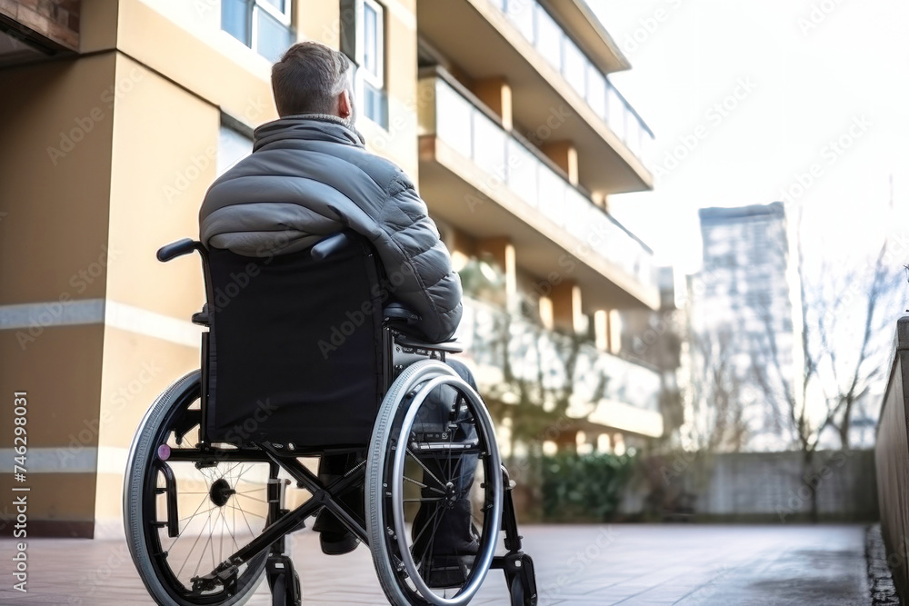 Obraz premium Man in Wheelchair Gazing Out Window, Depicting Loneliness and Solitude