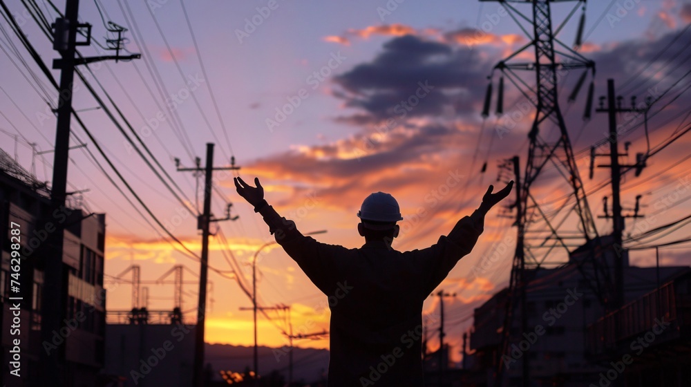 A silhouette of an engineer with a backdrop of a power grid hands raised as if conducting the flow of electricity like an orchestra