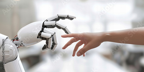 uman and Robot Hand About to Touch in Harmonious Future photo