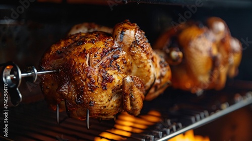 A whole chicken roasting on a rotisserie attachment over the grill turning golden as it cooks evenly in the circulating heat