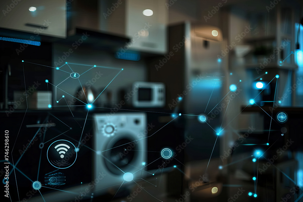 Fototapeta premium Futuristic Smart Home Connectivity Network Concept in Dark Room