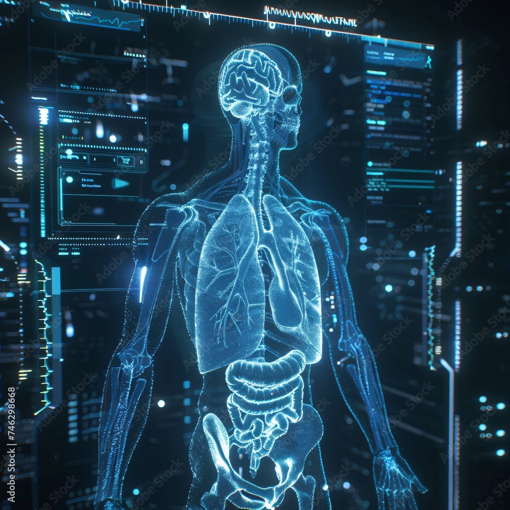 3D model of the human body lungs highlighted with glowing blue light showcasing respiratory health in a futuristic medical interface 3D model of the human body lungs highlighted with glowing blue light showcasing respiratory health in a futuristic medical interface