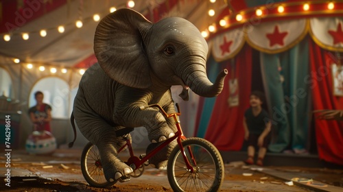 Adorable elephant on tiny bicycle pedaling awkwardly through colorful circus tent amused spectators cheering