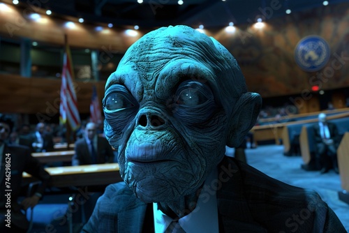 Alien diplomat engaging in VR meetings within a 3D rendered United Nations assembly