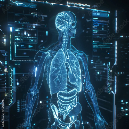 3D model of the human body lungs highlighted with glowing blue light showcasing respiratory health in a futuristic medical interface