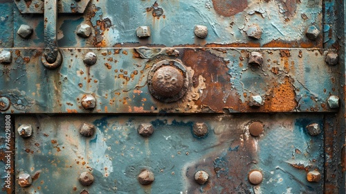 Aged Metal Door Texture with Rust and Rivets. A close-up shot of a weathered metal door featuring a pattern of rust and rivets, evoking a sense of history and durability.