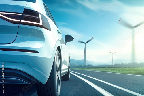 Electric Car Driving With Windmills in Background © Anoo