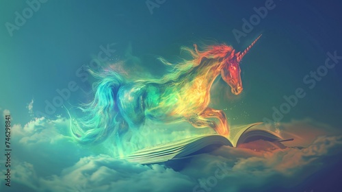 A curious reader finds a hidden page in a storybook and as they trace the drawing of a unicorn it comes alive hopping off the page its coat a soft pastel rainbow