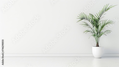 Minimalist Indoor Plant in White Pot against Plain Wall. A single potted palm plant stands against a clean, white wall, embodying a minimalist and serene interior aesthetic.