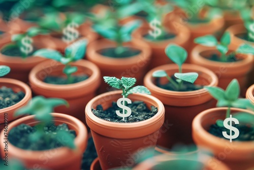 A garden where each plant pot contains different financial symbols growing as plants like dollar signs and euro symbols representing diversified investment growth © Sara_P
