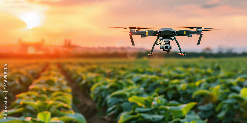 Title: Autonomous Drone Flies at Sunset Over Lush Agricultural Fields - Technological Farming Banner..