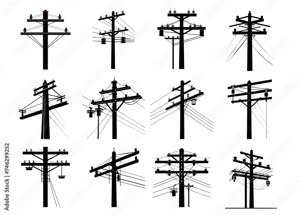 set of electric poll, white background, black and white 