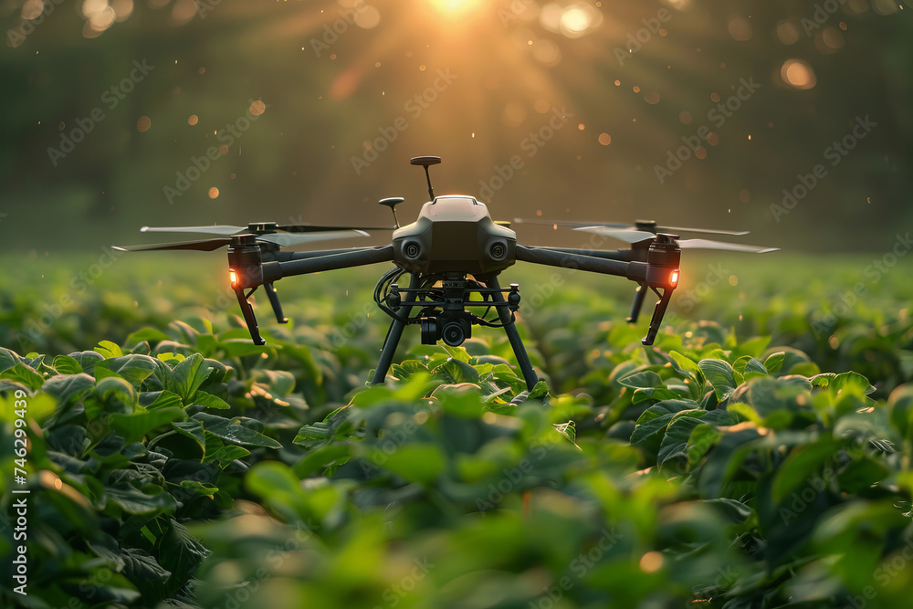 Title: Advanced Agriculture Drone Flying at Sunrise Over Lush Green Crop Field Banner