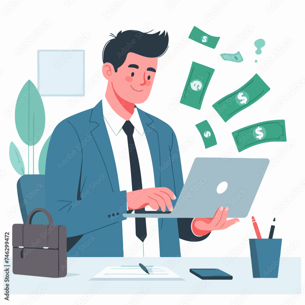 Flat design illustration of making money. Business youth making money over the internet with laptop Flat design illustration of making money. Business youth making money over the internet with laptop