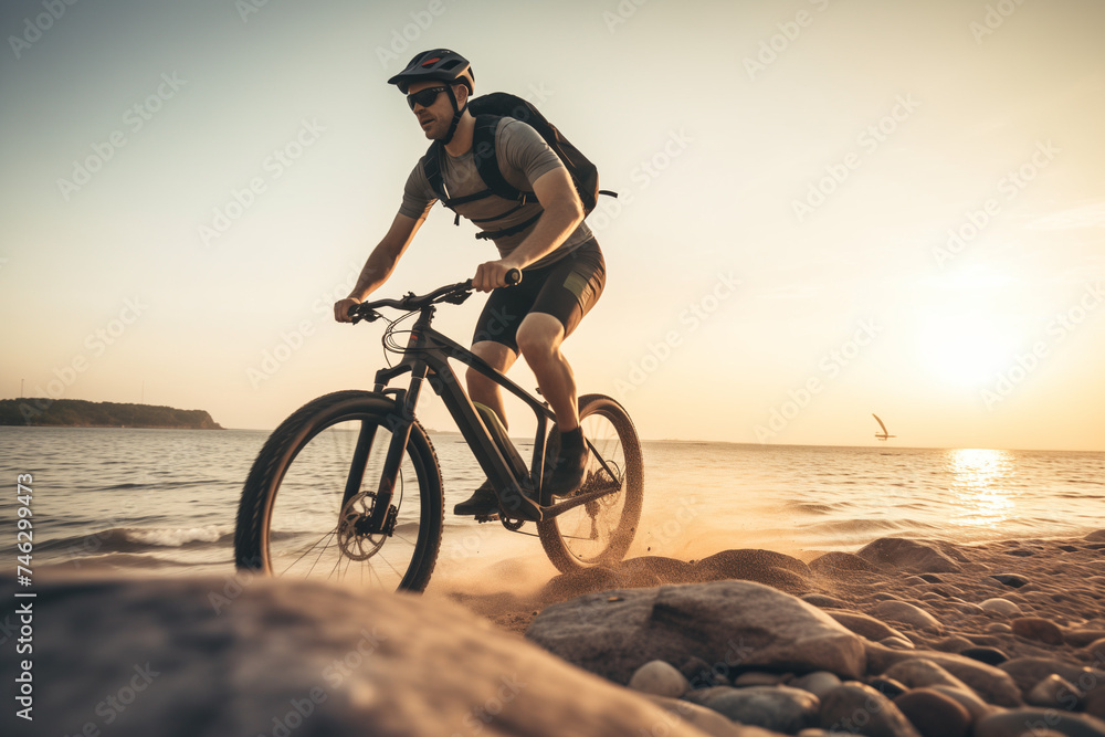 Fototapeta premium cyclist on the beach at sunset