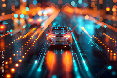  Futuristic Autonomous Vehicle on Digital Highway at Night.Background Color: Dark blue with vibrant red, orange, and blue lights.Banner