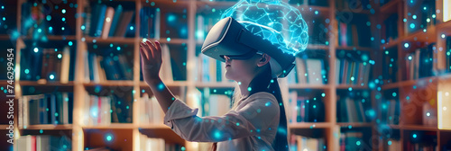 Smart school girl pupil with VR glasses googles studying the astronomy space and neural connections of the brain in the library at school. Simulation technology and science. Female student uses a photo