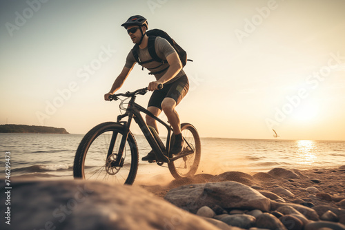 cyclist on the beach at sunset
