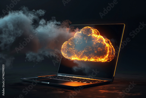 Title: Laptop Screen Erupts with Fiery Explosion Amidst Ominous Dark Clouds