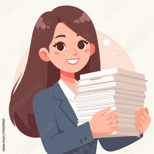 Flat design illustration of a businesswoman carrying a stack of document files