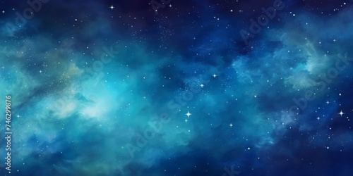 blue watercolor space background with stars, milky way, nebula, galaxy, cosmos milky way, blu background banner