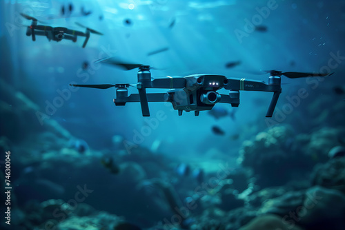 Title: Advanced Underwater Drones Exploring the Mysterious Oceanic Depths..Background color: Deep oceanic blue with varying shades..Word: Banner