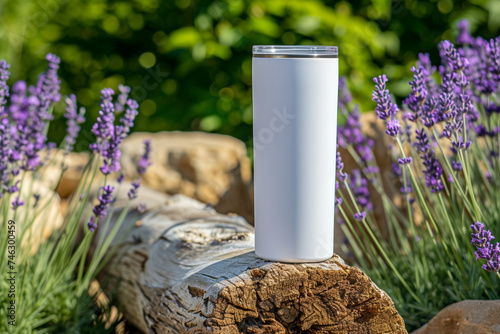 Close-up of a white color 20oz Straight Skinny Tumbler includes lid  with a blurred or bokeh background of Lavender fields, Tumbler Mockup
 photo