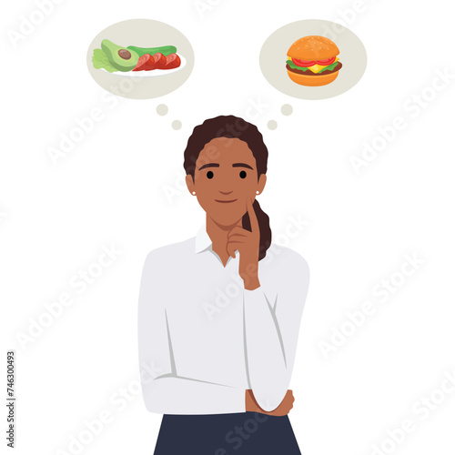 Beautiful black woman choosing between salad and hamburger, healthy and junk food. Flat vector illustration