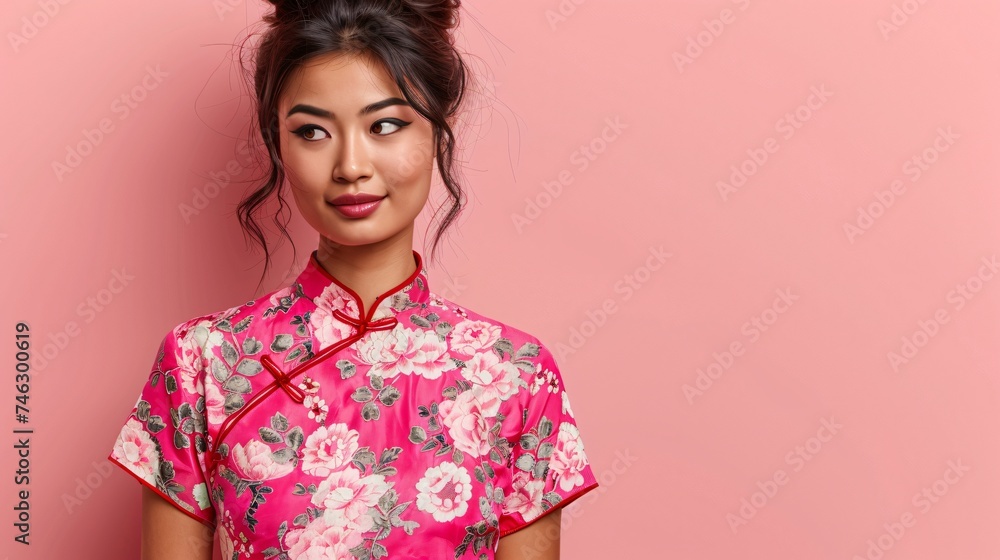 Asian woman dressed in a classic Chinese qipao her posture graceful against a soft pink background with ample copyspace Asian woman dressed in a classic Chinese qipao her posture graceful against a soft pink background with ample copyspace