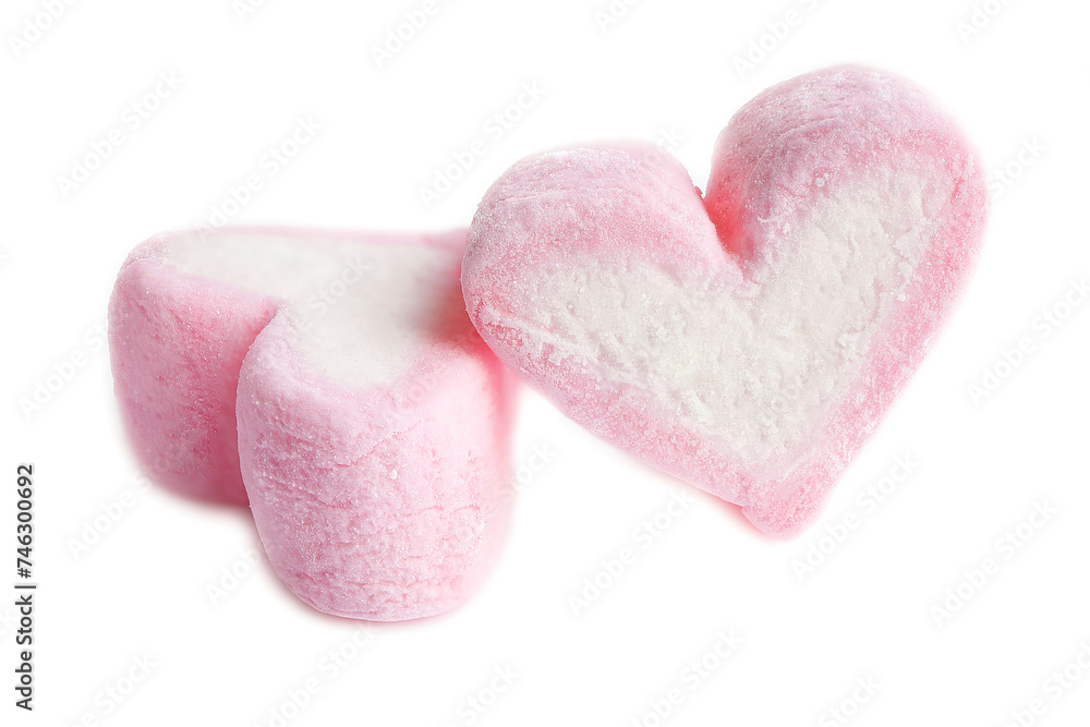 Fototapeta premium close up of sweet heart shape of marshmallow isolated on white background.