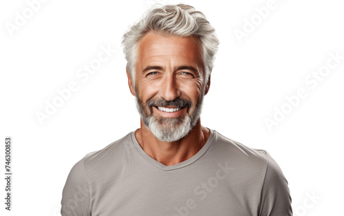 Smiling Elderly Man With Grey Hair. An older man with grey hair is smiling, his eyes crinkled at the corners. His facial expression exudes joy and contentment. On PNG Transparent Clear Background.