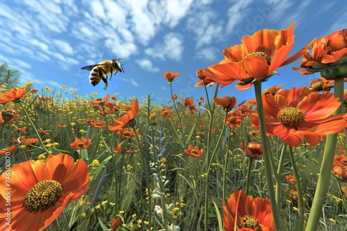 Bee navigating through a 3D flower field collecting virtual pollen for the hive