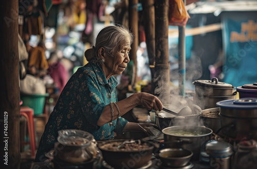 asian woman stirs soup in front of a street food restaurant.