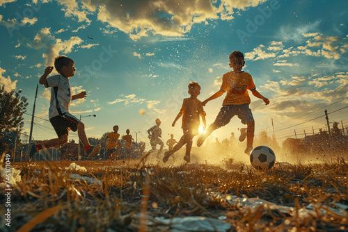 Children playing soccer on a dusty field at sunset. Action shot with dynamic movement. Childhood sports and activities concept. Design for poster  banner  and sports events promotion.